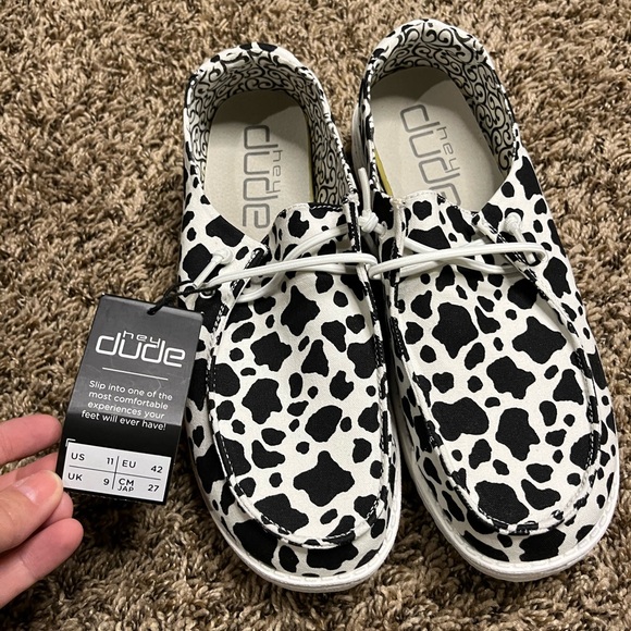Women's size 11 Wendy Milky Way cow print Hey Dude shoes